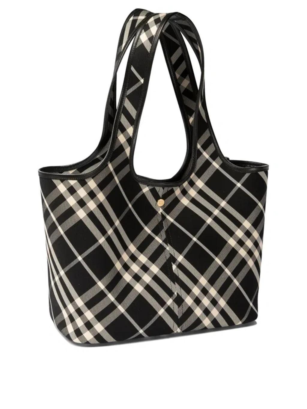 BURBERRY Checkered Small Cotton Shoulder Tote In Black Product Image