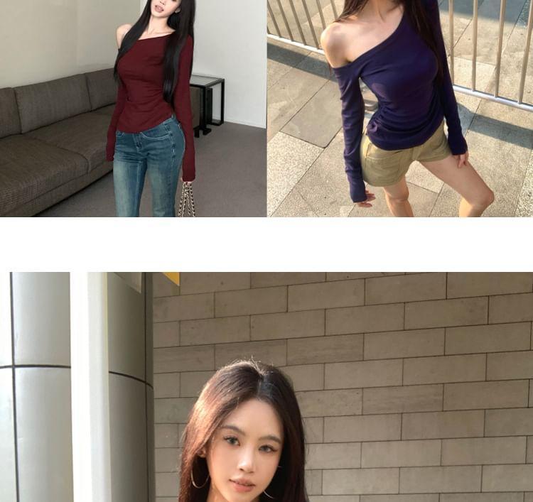 Long Sleeve One Shoulder Plain Ruched Tee Product Image