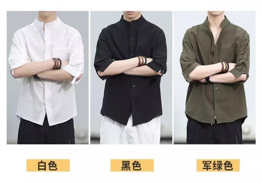 Elbow-Sleeve Plain Pocket Detail Shirt Product Image