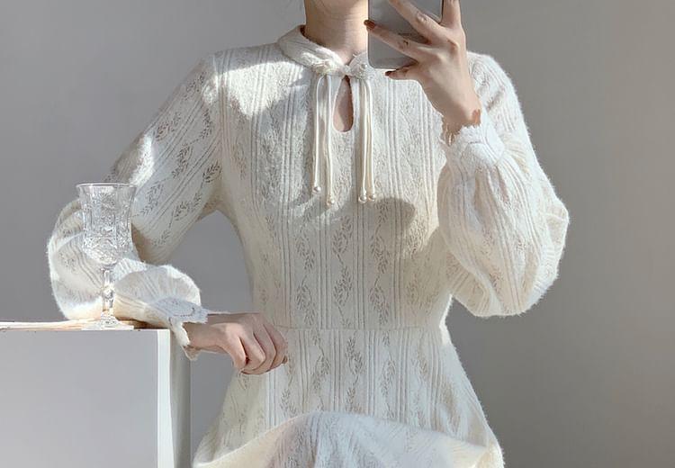 Long-Sleeve Lace Maxi A-Line Dress Product Image