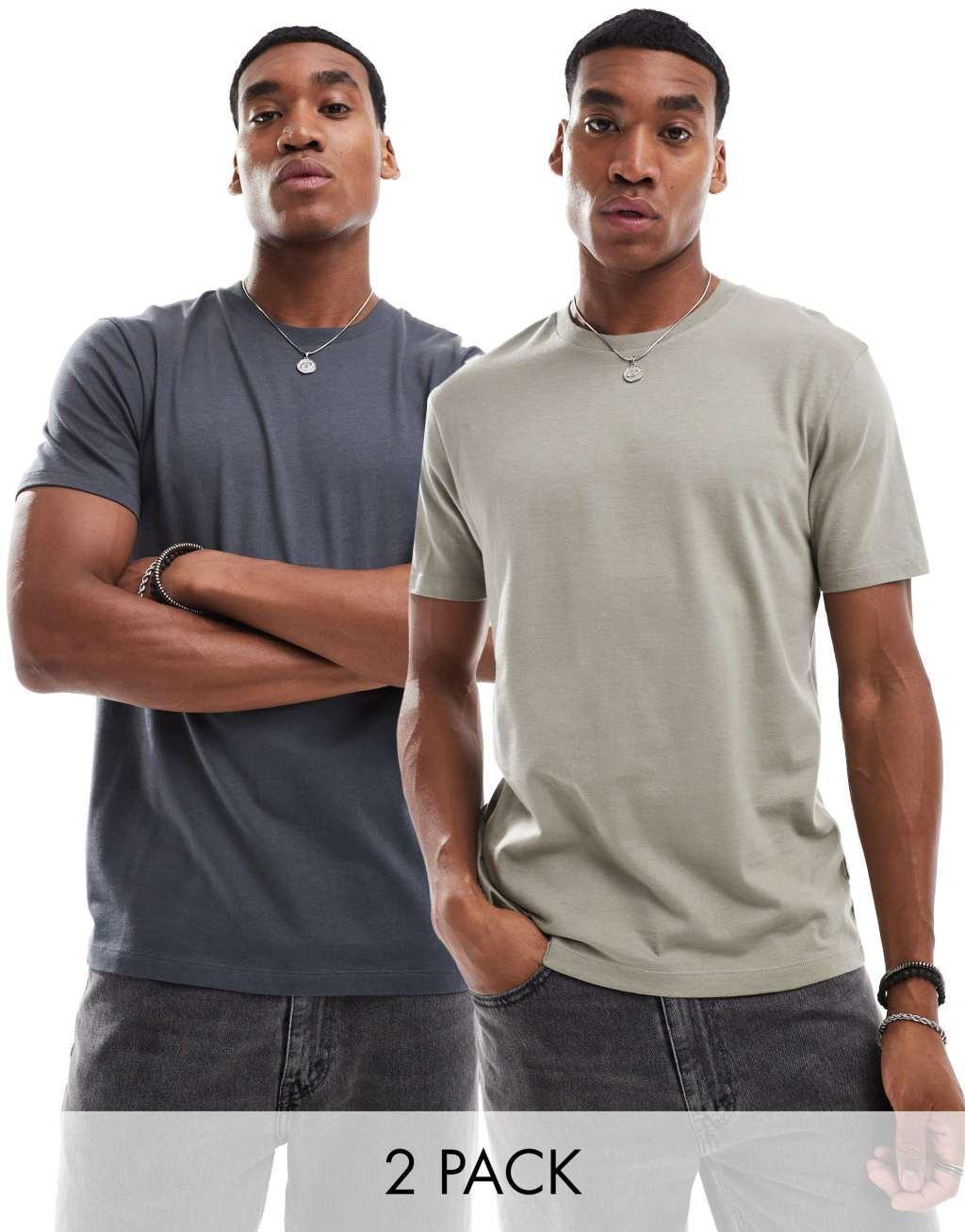 ASOS DESIGN 2 pack crew neck t-shirts in charcoal and khaki Product Image