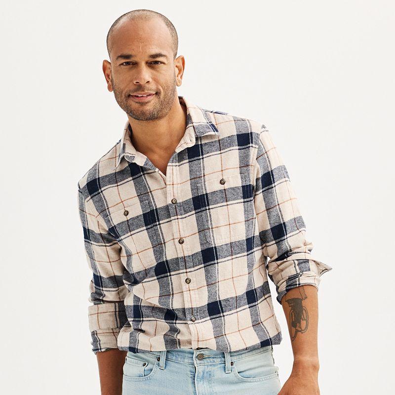 Mens Sonoma Goods For Life Supersoft Flannel Button-Down Shirt Oat Navy Grey Product Image