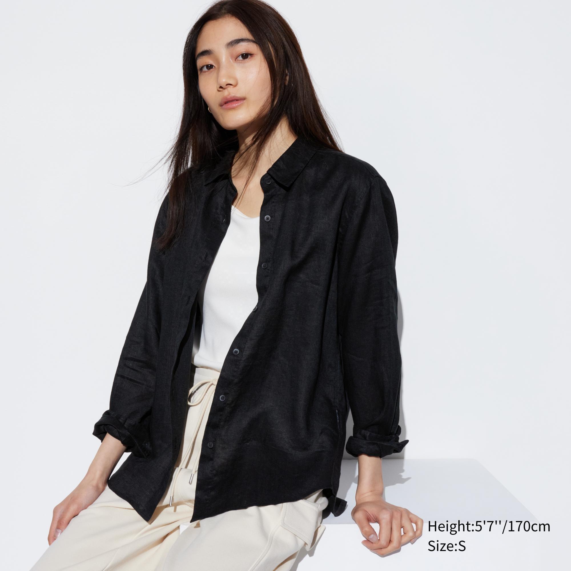 Womens Premium Linen Long-Sleeve Shirt Black Small UNIQLO US product image