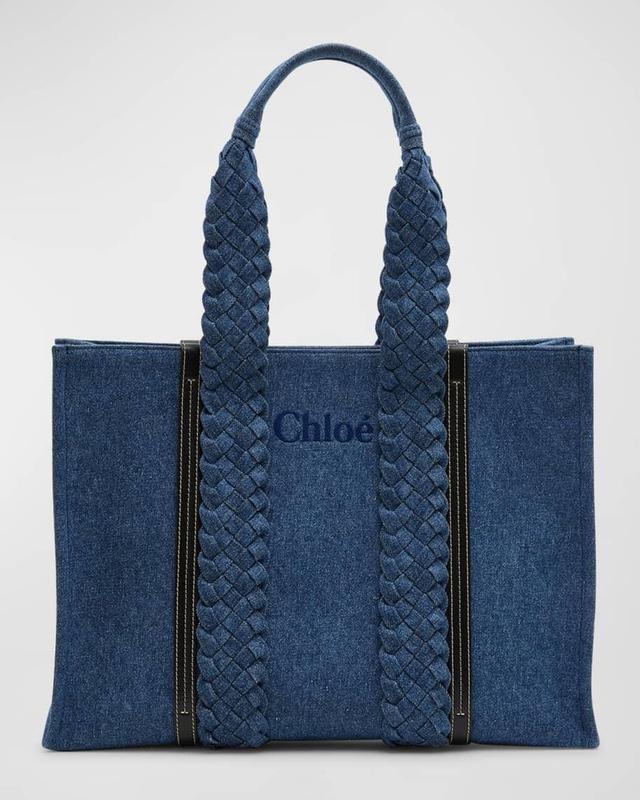 Woody Large Tote Bag in Denim with Braided Handles Product Image