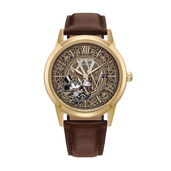 Men's Citizen Eco-DriveÂ® Mickey Mouse Dapper Gold-Tone Brown Leather Strap Watch with Brown Dial (Model: Aw1783-43W) Product Image