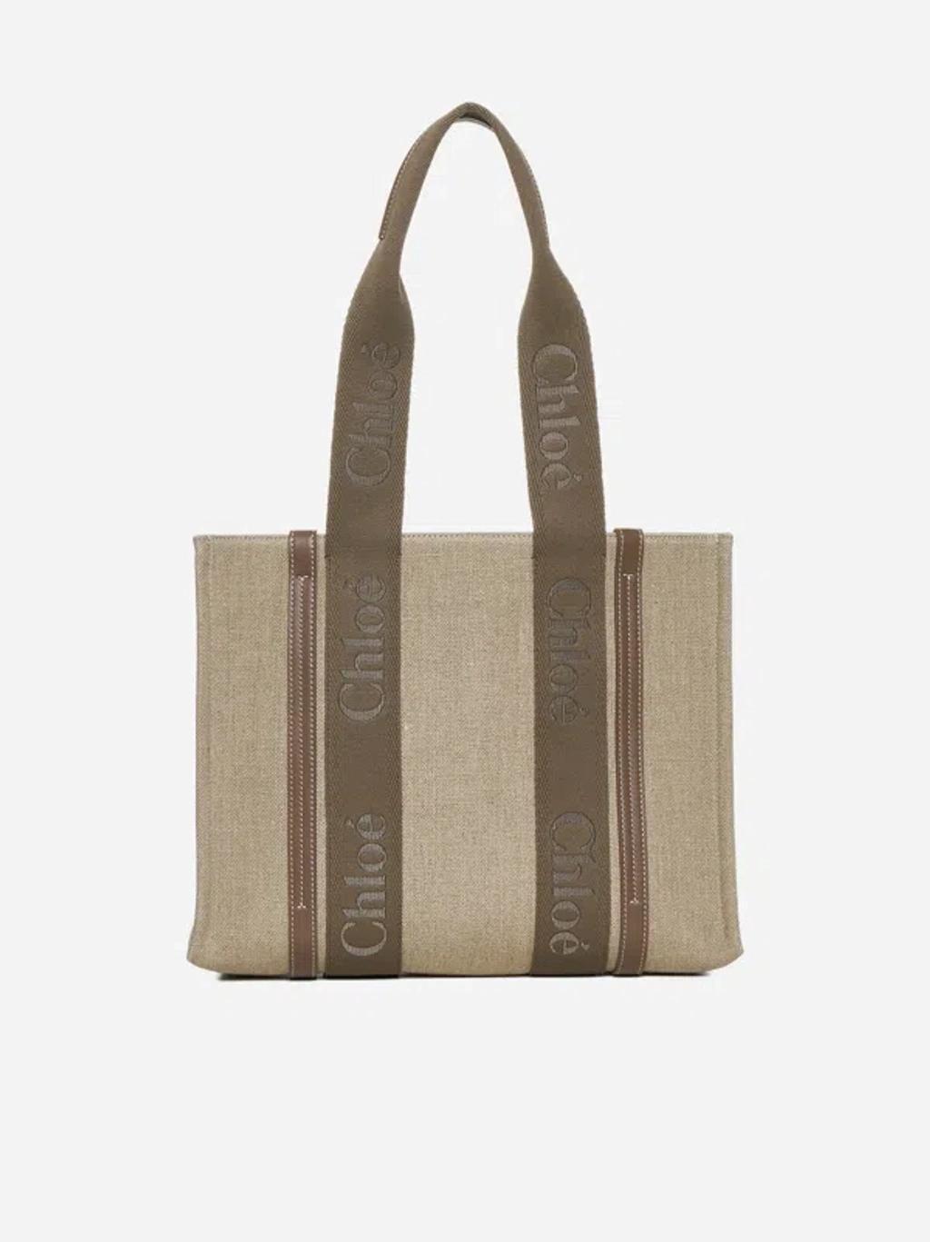 Woody Linen Medium Tote Bag In Dark Nut Product Image