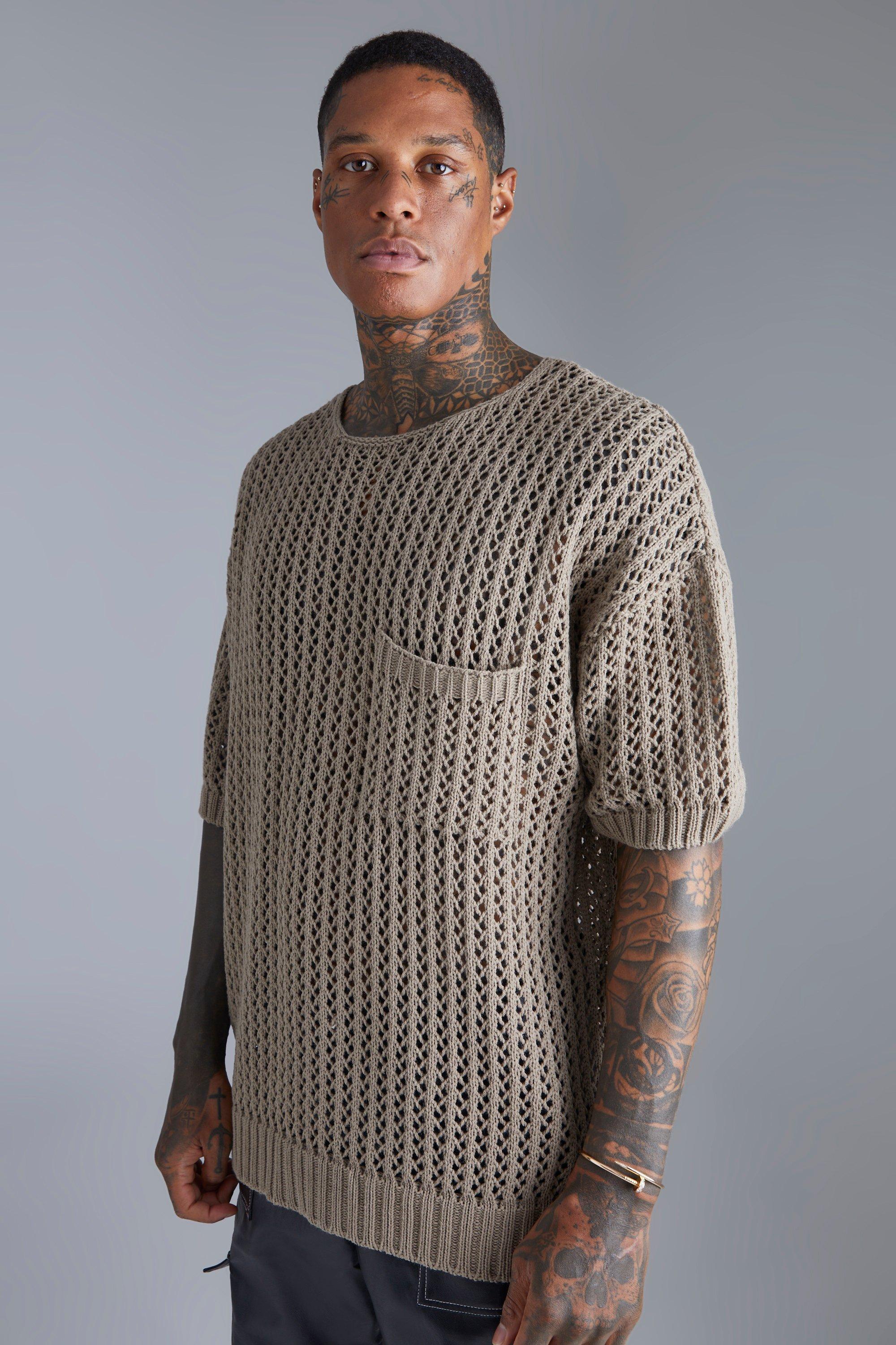 Mens Beige Oversized Open Stitch Tshirt With Pocket, Beige Product Image