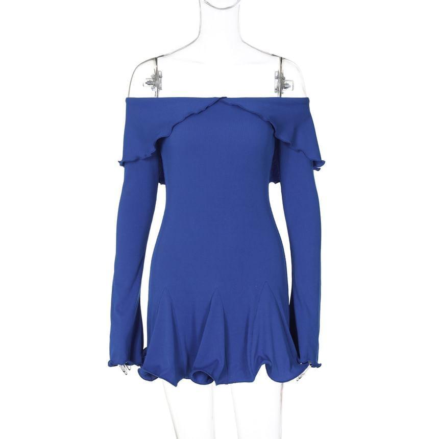 Long-Sleeve Off-Shoulder Plain Ruffle Trim Mini A-Line Dress Product Image