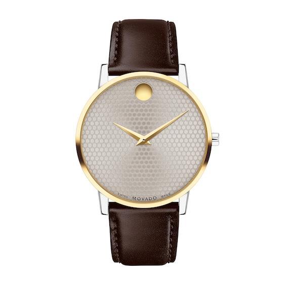 Men's Movado MuseumÂ® Classic Gold-Tone PVD Brown Strap Watch with Dotted Grey Dial (Model: 0607800) Product Image