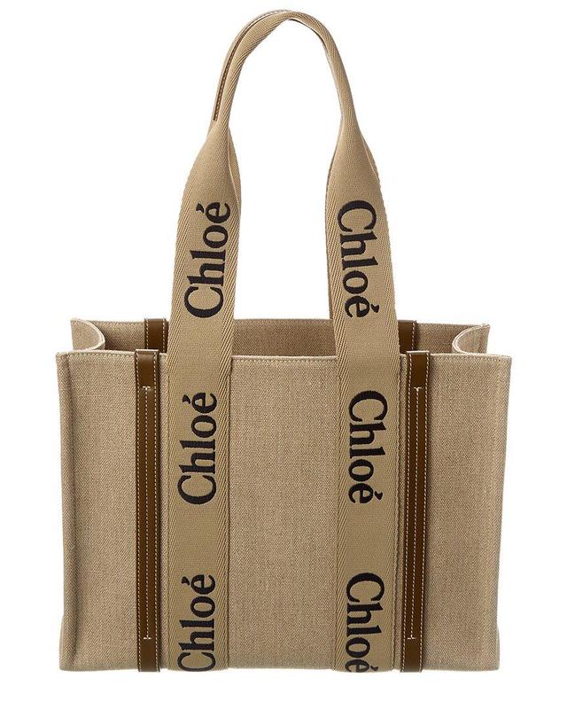 Woody Medium Linen & Leather Tote In Brown Product Image