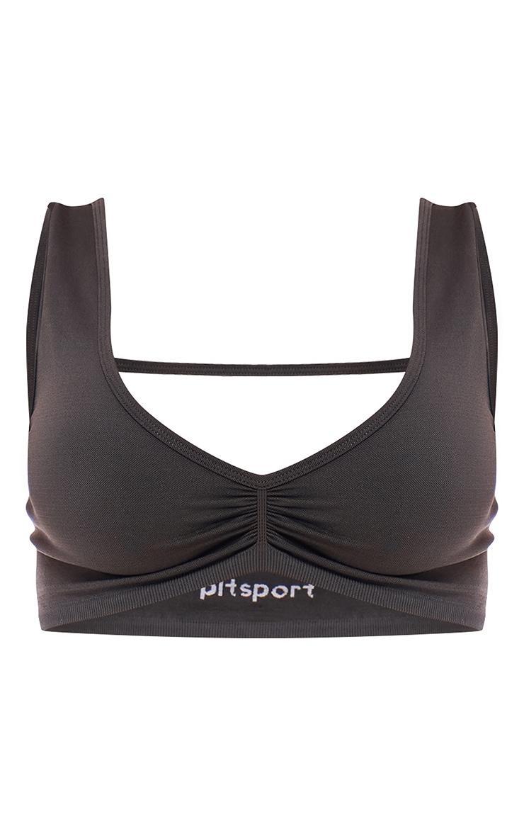 PLT SPORT Deep Charcoal Seamless Ruched Front Open Back Plunge Sports Bra Product Image