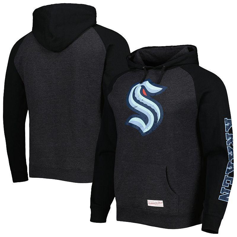 Mens Mitchell & Ness Heather Black Seattle Kraken Distressed Logo Raglan Pullover Hoodie product image