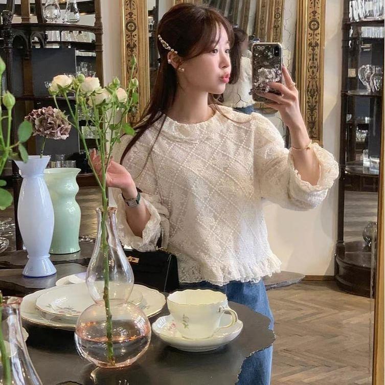 Puff-Sleeve Ruffle Trim Lace Blouse Product Image