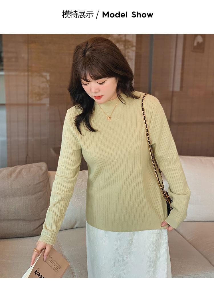 Long Sleeve Mock Neck Plain Ribbed Knit Top Product Image