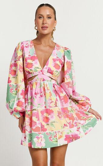 Emily Mini Dress - V Neck Long Sleeve Cut Out Dress in Blurred Patchwork Floral product image