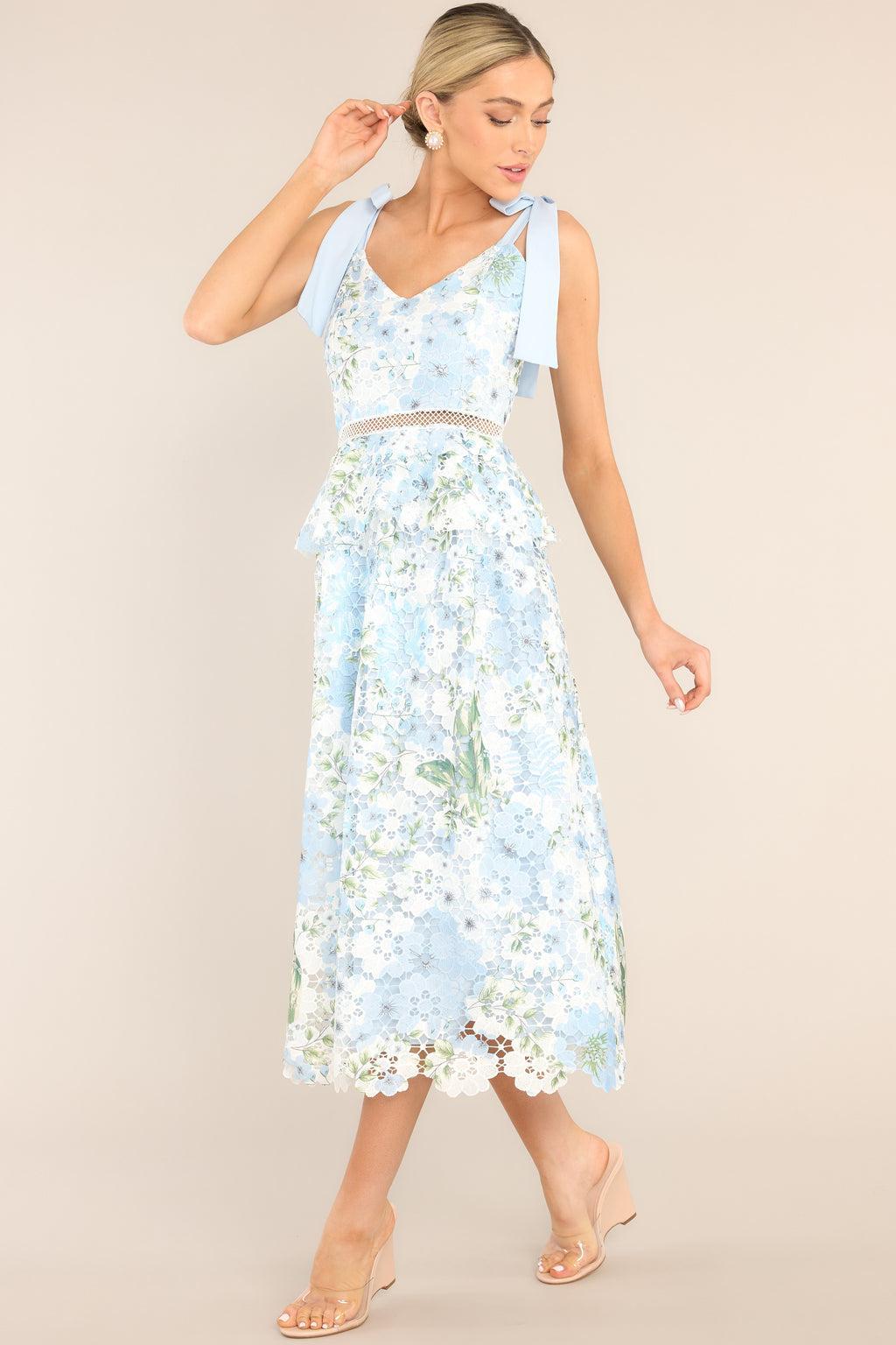 Remembering Spring Light Blue Lace Floral Midi Dress Product Image