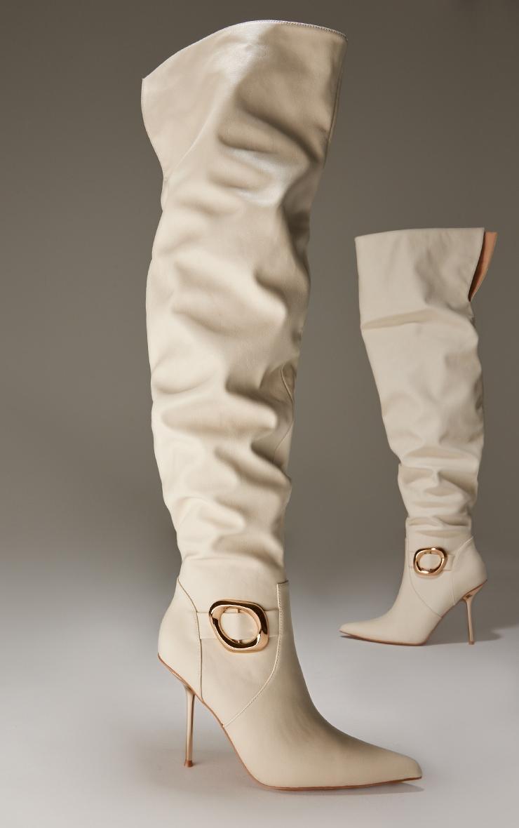 Cream PU Gold Buckle Point Toe High Stiletto Over The Knee Boots Product Image