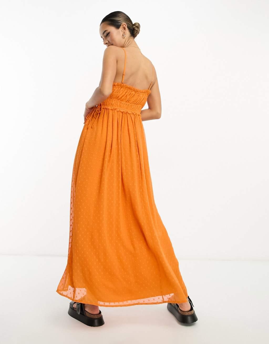 ASOS DESIGN elasticized ruffle waist midi slip dress in orange texture  Product Image