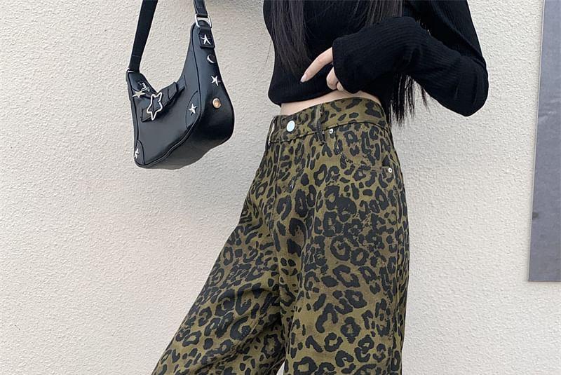 Leopard Print High Waist Wide Leg Jeans Product Image