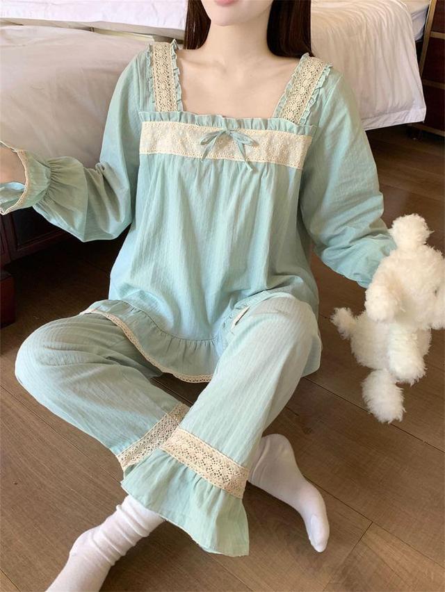 Pajama Set: Puff-Sleeve Lace Trim Ruffled Bow Shirt + Pants Product Image