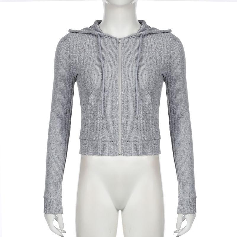 Plain Hooded Ribbed Zip Cardigan Product Image