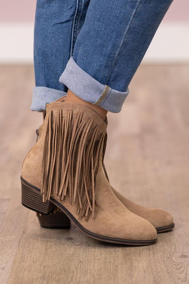 Tan Faux Suede Fringe Detail Booties Product Image