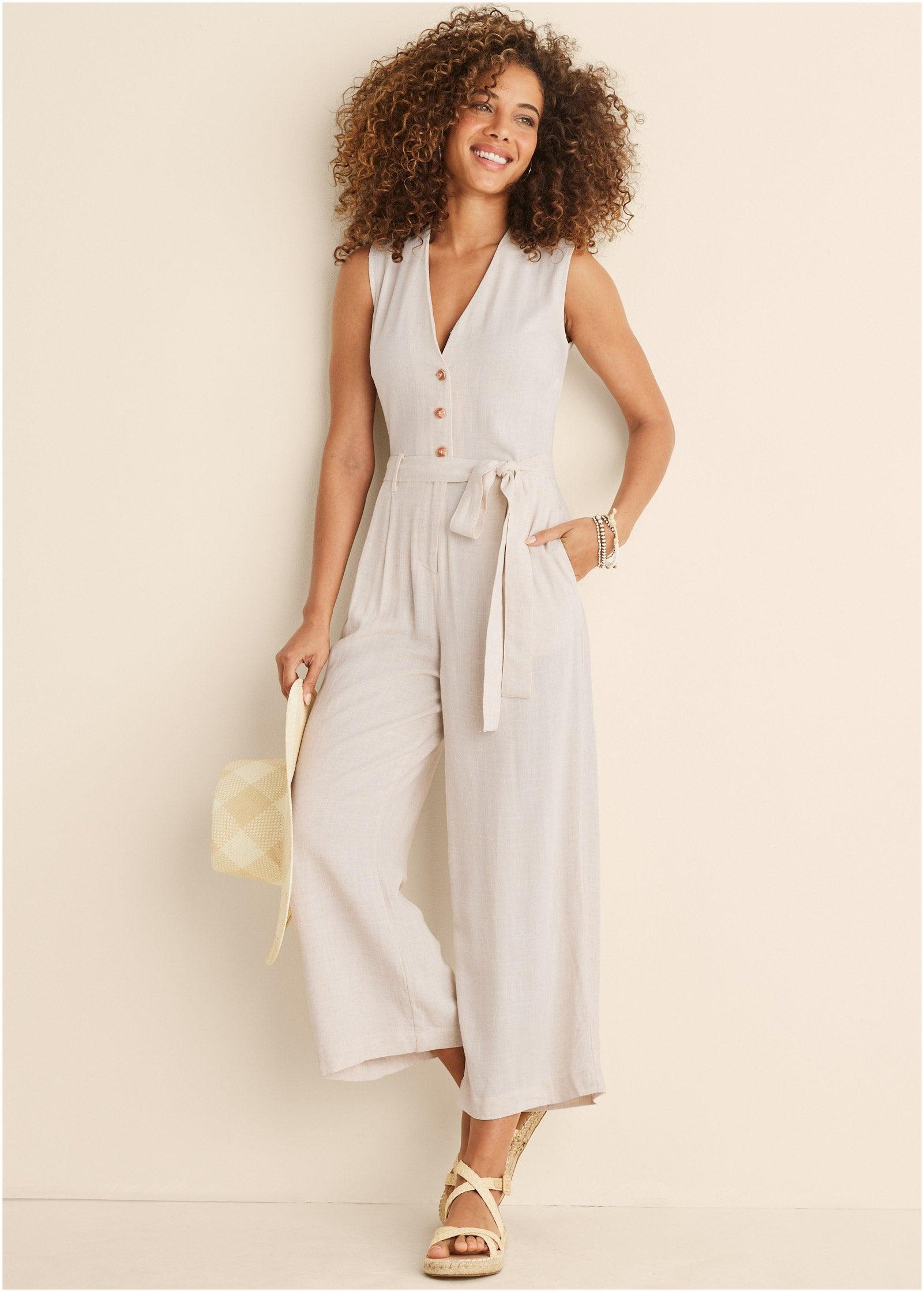 Button Front Linen Jumpsuit - Beige Product Image