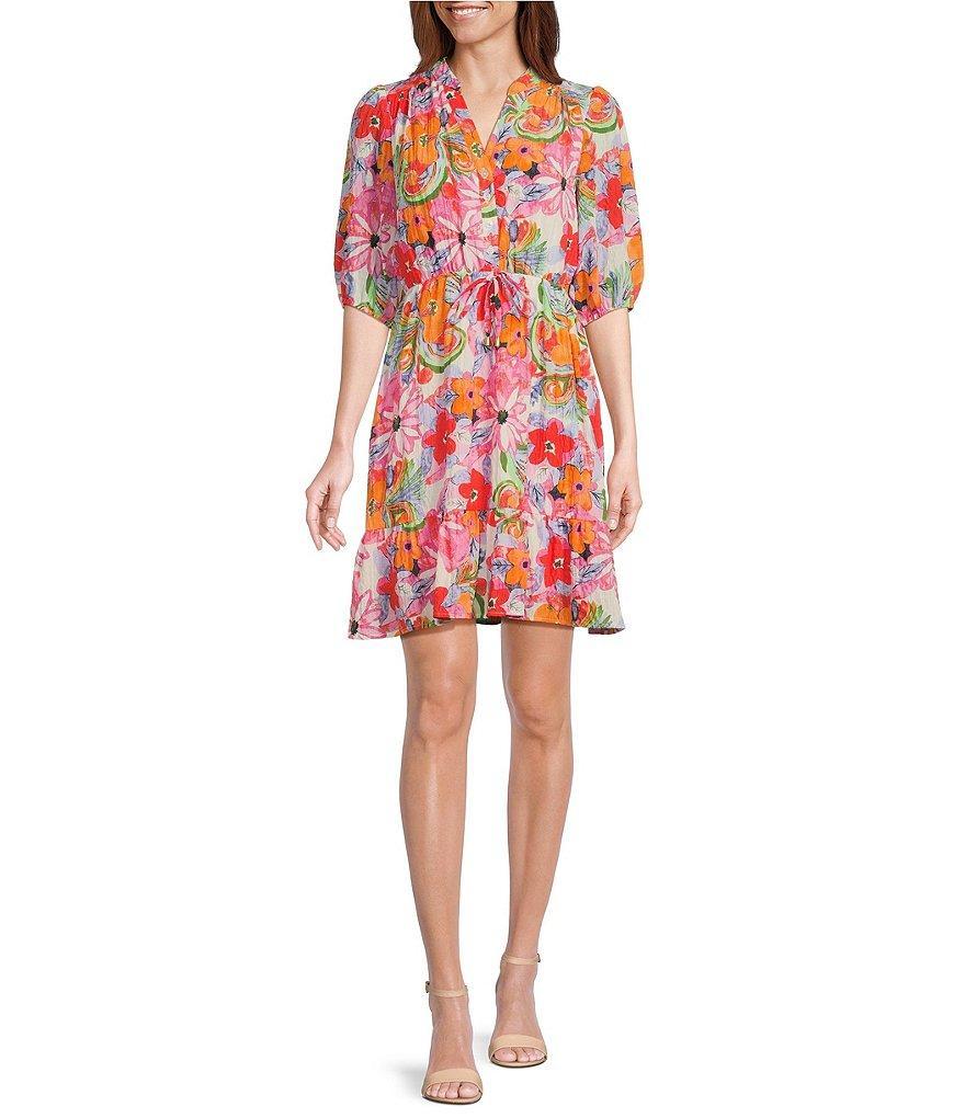 Leslie Fay 3/4 Sleeve V-Neck Cinched Waist Floral Print Dress Product Image