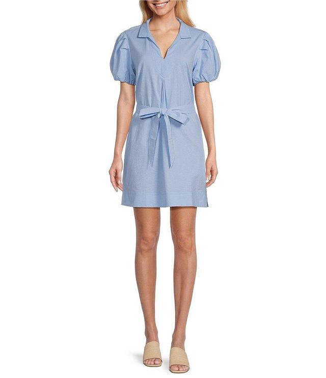 Tommy Bahama Point Collar Y-Neck Short Puff Sleeve Tie Waist Mini Dress Product Image