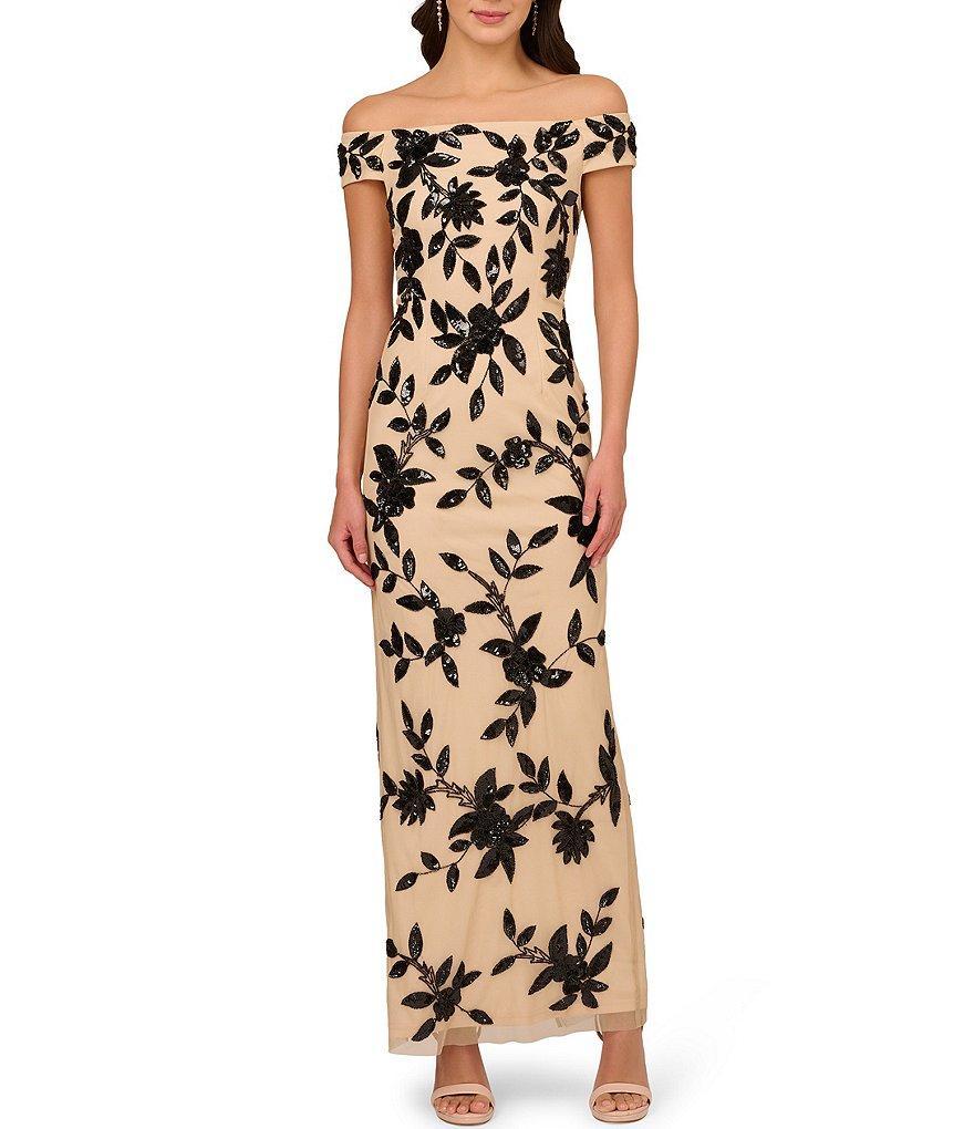 Adrianna Papell Beaded Floral Mesh Off-the-Shoulder Cap Sleeve Sheath Gown Product Image