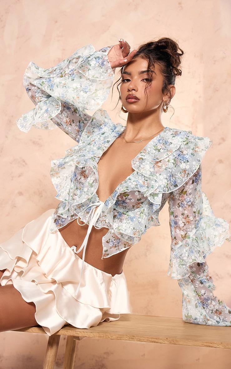 Blue Floral Sheer Woven Ruffle Tie Crop Blouse Product Image