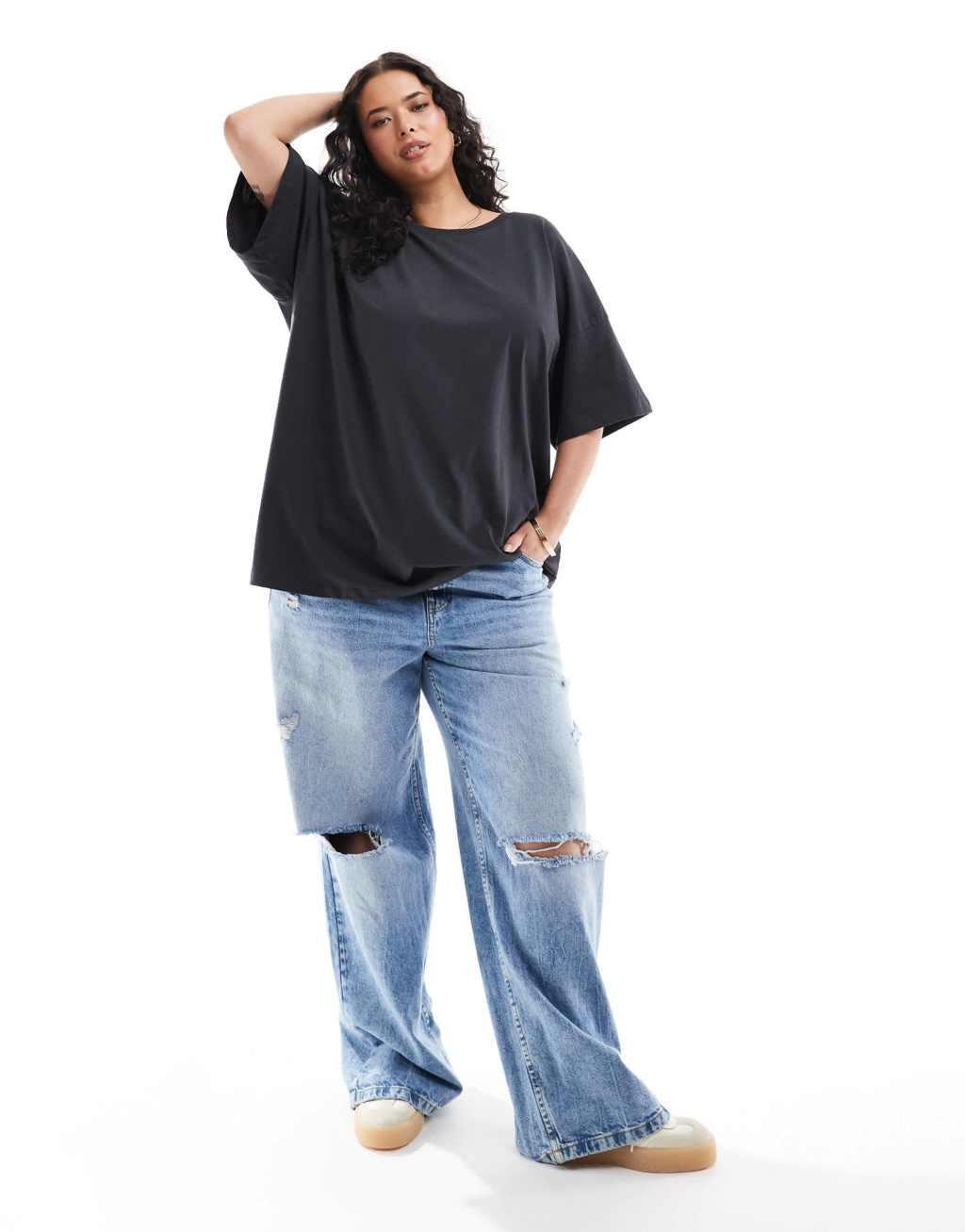 ONLY Curve juicy cocktail back graphic oversized tee in wash black  Product Image