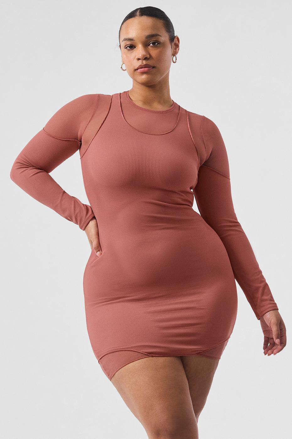 Striped Mesh Synergy Long Sleeve Dress - Soft Terracotta Female Product Image