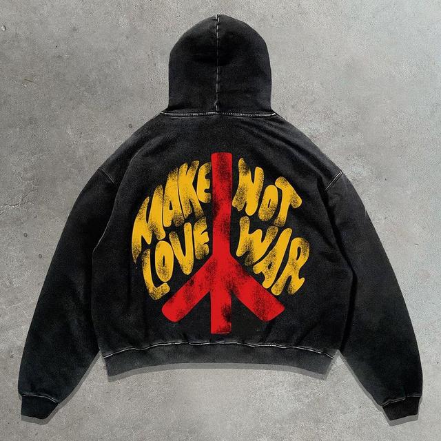 Vintage Not War Make Love Peace And Love Graphic Acid Washed Oversized Hoodie Product Image