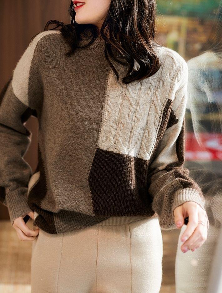 Crew Neck Color Block Cable-Knit Sweater Product Image