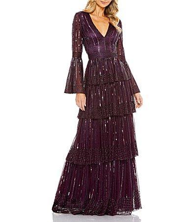 Womens Embellished Tiered Bell-Sleeve Gown Product Image