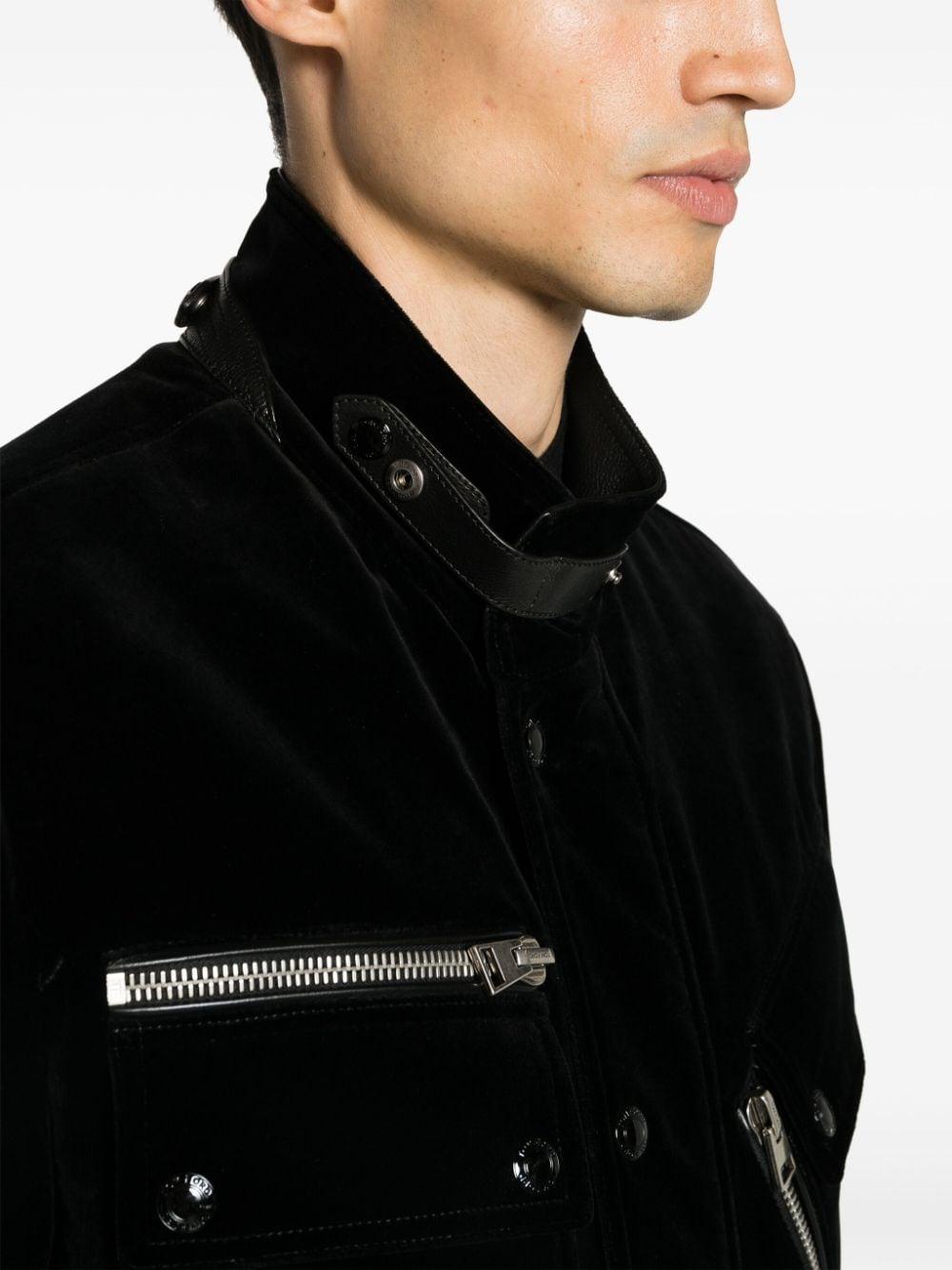 Leather-trimmed Cotton-velvet Biker Jacket In Black Product Image