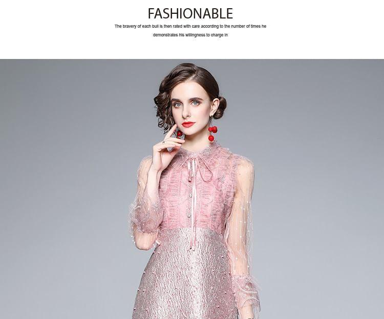 Long-Sleeve Mesh Glitter Panel Mini A-Line Dress Product Image