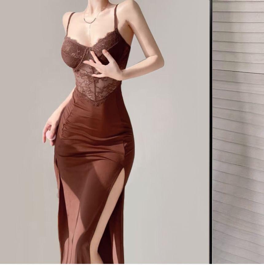 Spaghetti Strap V-Neck Lace Slit Midi Sheath Dress Product Image