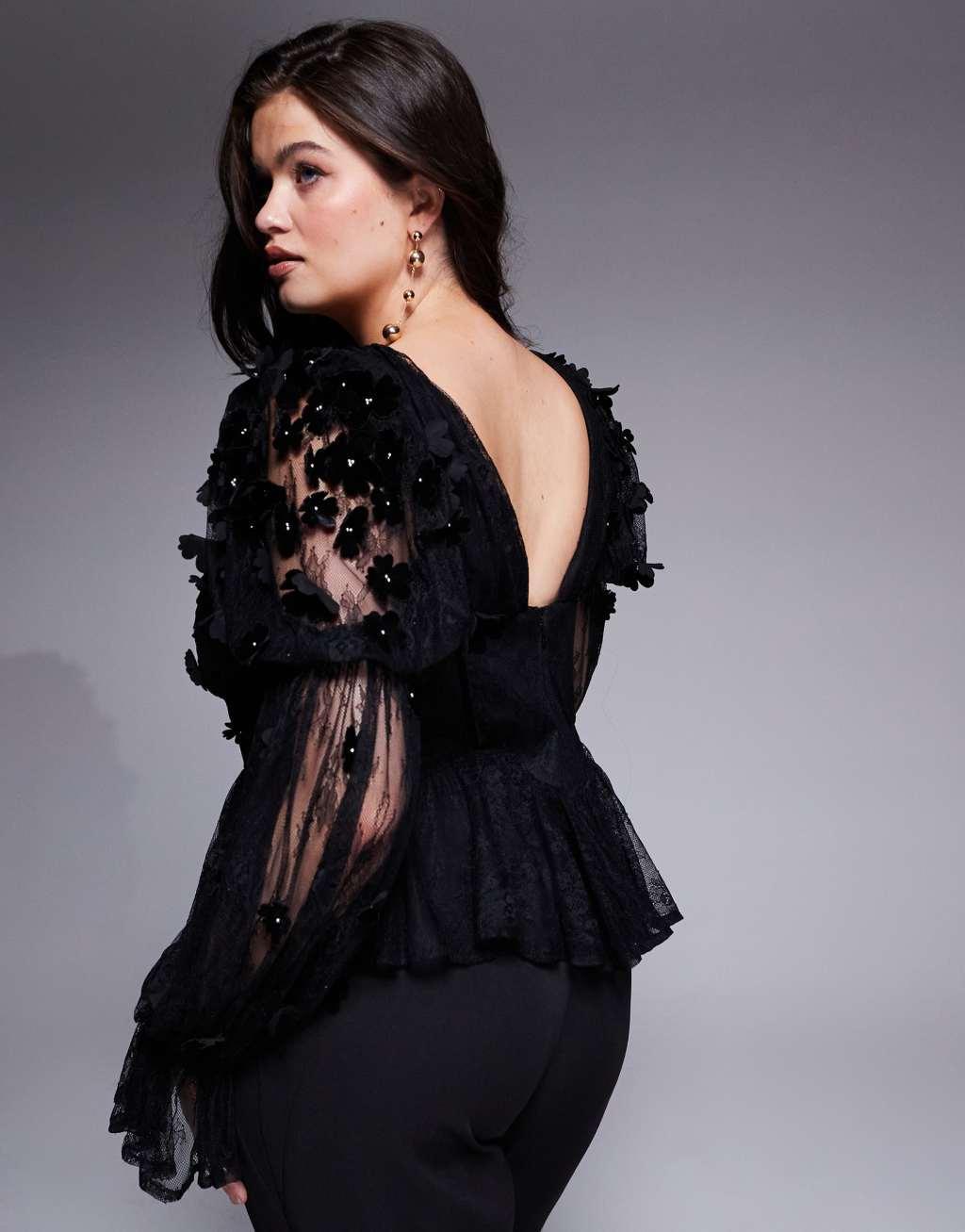 ASOS LUXE Curve mesh floral bardot long sleeved top with velvet flowers and pearl embellishment in black Product Image