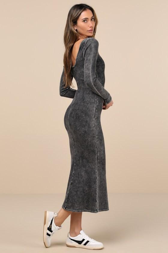 Elevated Coolness Washed Black Long Sleeve Bodycon Midi Dress Product Image