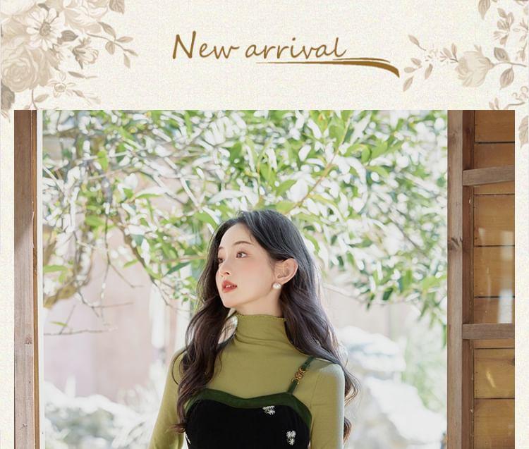 Long-Sleeve Turtleneck Plain Knit Top / Spaghetti Strap Butterfly Embroidered Velvet Midi A-Line Dress / Set Product Image