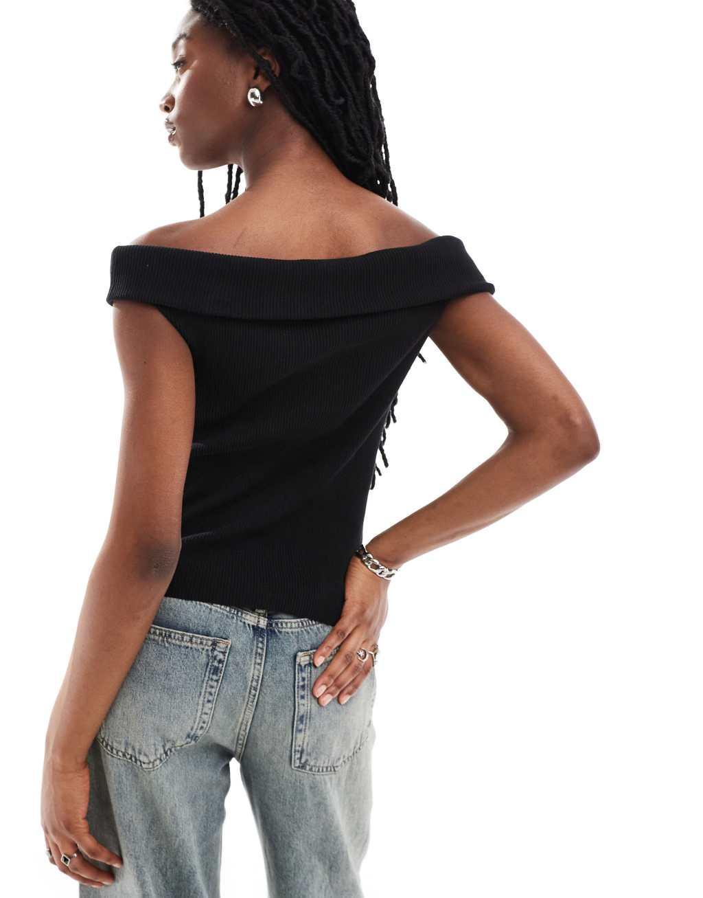 Weekday Yolanda knit off shoulder top with button front in black Product Image