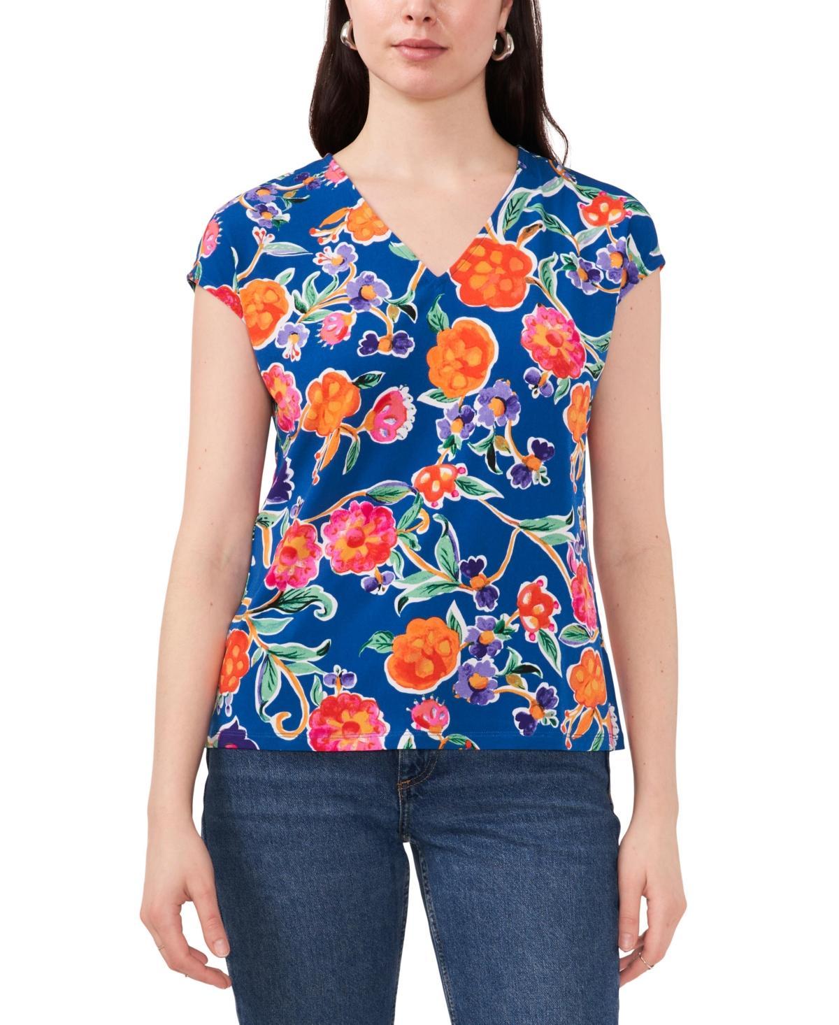 Vince Camuto Womens Floral V-Neck Cap Sleeve Knit Top Product Image