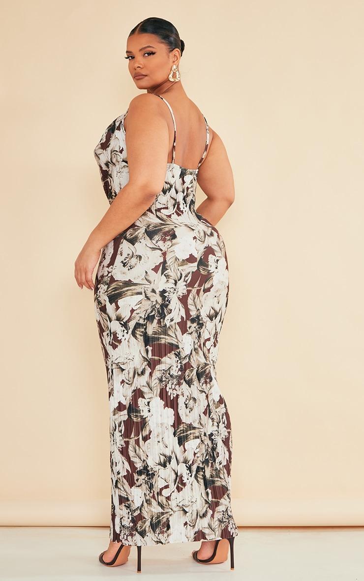 Plus Brown Floral Printed Plisse Cowl Neck Maxi Dress Product Image