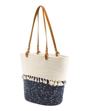 Cotton Woven Color Block Tassel Tote for Women | Leather Product Image