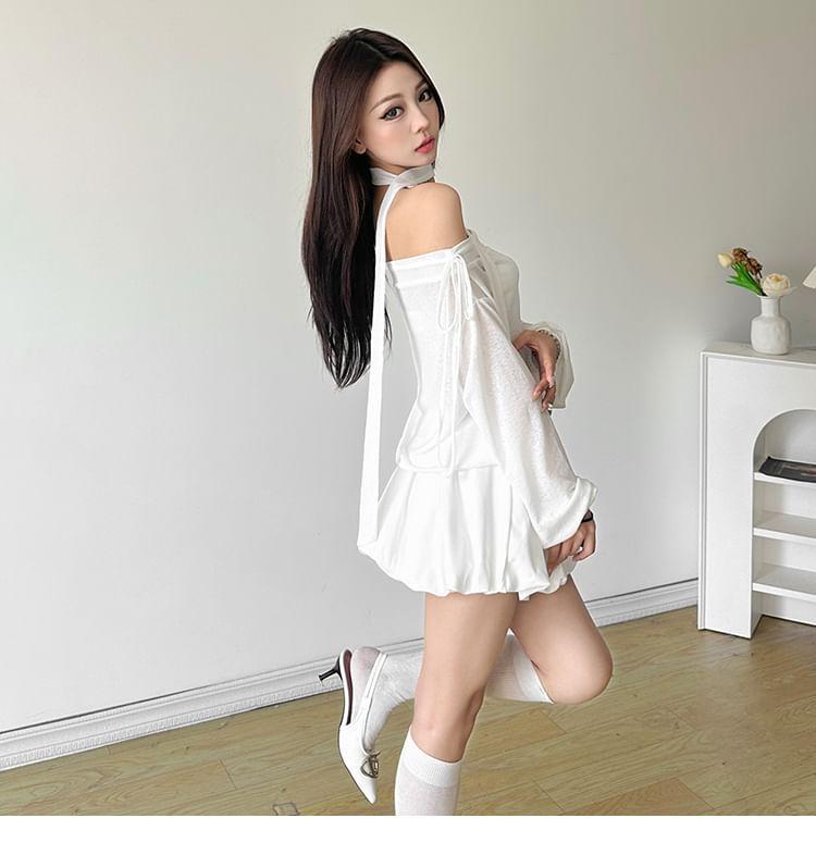 Long-Sleeve Off Shoulder Plain Mini A-Line Dress Product Image