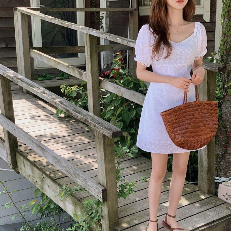 Short-Sleeve Lace Mini A-Line Dress Product Image