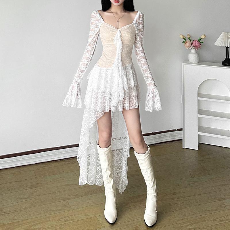 Flared-Sleeve Floral Asymmetrical Lace A-Line Dress Product Image