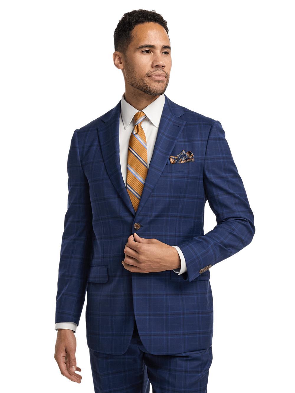 Wool Stretch Plaid Single Breasted Suit Jacket - Blue Product Image